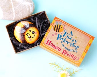 Painted Pebble Pocket Hug, Bumblebee Romantic gifts for Non Binary partner who loves Bees