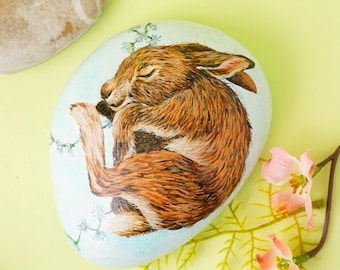Painted Rock Paperweight with Baby Rabbit Illustration, Personalised  hand painted message on the Back