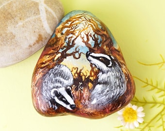Original Painting of Badgers in Moonlight Paperweight, Personalised Painted Rock Gift for Women / Men