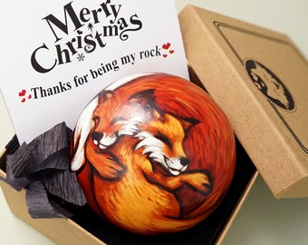 Painted rock fox unique Xmas gift for soulmate, Fox artwork desk décor homemade Christmas gift for one true love, Merry Christmas to my wife