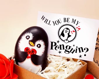 Penguin pebble love gift for him, Will you be my Penguin rock gift for her, Christmas penguin stone gift, Cute Valentines gift for boyfriend