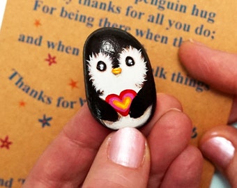 Hand painted penguin pebble pocket hug, Positive penguin meaningful friendship gift for any friend