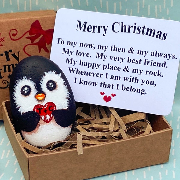 Penguin pebble Christmas gift for him her men, Personalised pocket hug rock Xmas card to boyfriend girlfriend, Husband wife stocking filler