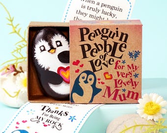 Hand Painted Penguin Pebble Mothers Day Present, Pocket Hug Personalised for Mum with Bookmark