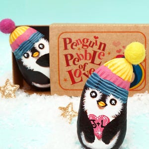 Hand painted penguin pebble romantic Christmas gift for boyfriend, Cute Xmas gift for girlfriend, Funny personalised rock present to Husband