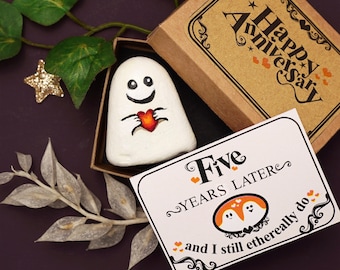 Personalised 5th Anniversary Gift, Hand Painted Ghost Pebble with Meaningful Dark Love Story