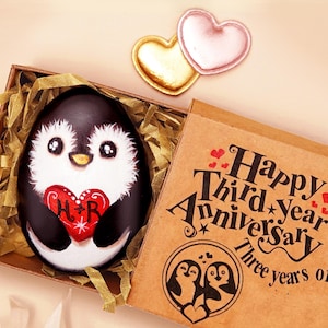 Custom penguin pebble 3rd anniversary gift for him, Personalised cute penguin rock 3rd year anniversary gift for her, Third anniversary card