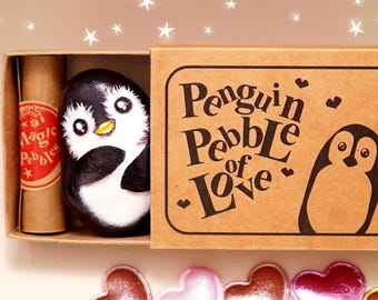 Penguin pebble romantic gift for Valentines Day, Penguin rock long distance Valentines gift for her, Bf Valentines day gift for him