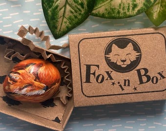 Small hand painted rock sleeping fox gift for her him, Cute fox art pocket pebble hug, Forest core woodland fox miniature gift for women men