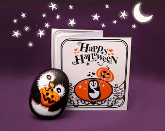 Painted penguin pebble spooky love gift with romantic Happy Halloween card, Funny Halloween gift just because, Spookyseason fun unique gift