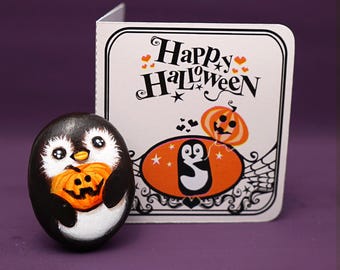 Jack O lantern penguin hug painted rock, Funny Halloween card & whimsigoth gift for animal lover, Fall emo pocket hug goth gift for teen boy