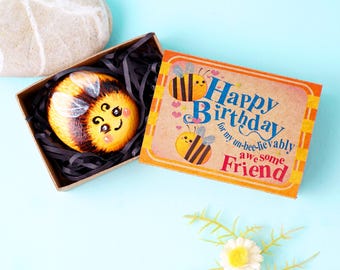 BumbleBee Pocket hug, Hand Painted Rock Happy Birthday gift for Friend who loves bees