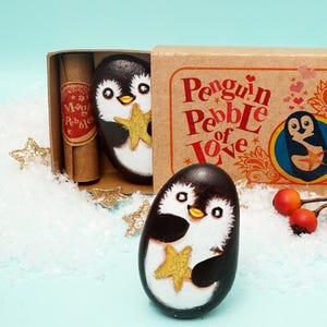Penguin pebble small romantic gift for boyfriend girlfriend, I love you pocket hug to husband wife, Painted rocks Christmas gift for him her