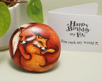 Fox painted rocks birthday gift for fox lovers, Fox art personalised gifts for soulmate / true love, Cute fox birthday card and gift for him