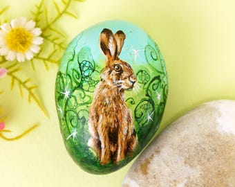Original Hare Art Pebble Paperweight, Personalised Painted Rock March Hare Lover Gift