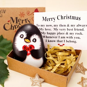 Penguin pebble Christmas gift for him, Personalised gift pocket hug rock, Fun Xmas card for boyfriend, Cute stocking filler gift for husband