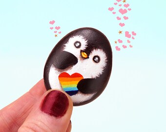 Hand Painted Penguin Pebble Pocket Hug, LGBTQ Pride Support Stone