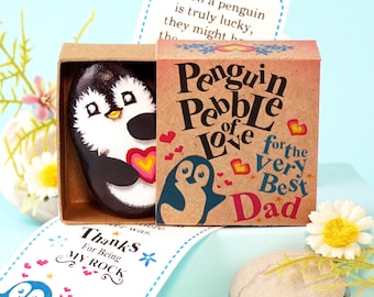 Hand Painted Rock Pocket Penguin Hug with Bookmark, Happy Fathers Day Present for Dad