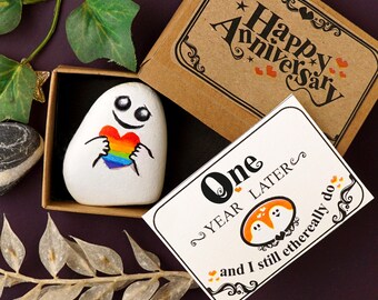 Hand-Painted Ghost Hug Rock, 1 year Anniversary Card, Rainbow Heart, LGBTQ Pride Couple Gift
