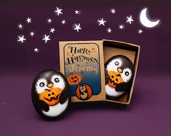 Penguin hug painted rock, Creepy cute Halloween gift for teen girl, Emo goth gift for teen boy, Spooky season pocket hug for animal lover
