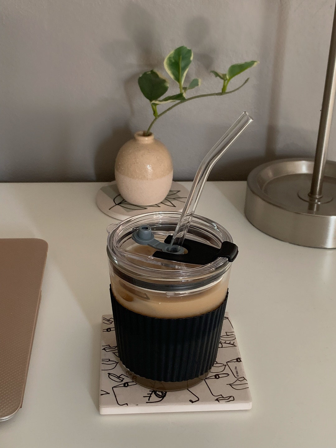 Glass Tumbler | To Go Coffee Cup | Eco Friendly Tumbler with Straw | Black Silicone Sleeve Tumbler | Reusable Tumbler with Straw