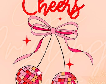 Könnte beinhalten: Cheers! Ein rosa Schleife mit roten Akzenten hängt an zwei Discokugeln. Die Discokugeln sind rot, pink und orange.