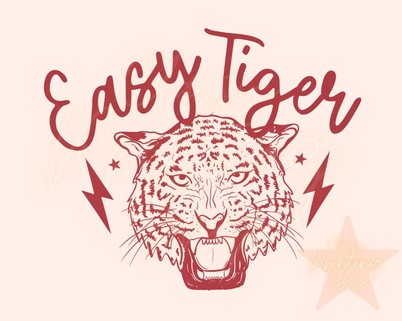 以下が含まれることがあります： 赤い白の虎の顔のイラストで、その上に「Easy Tiger」という文字が書かれています。虎は口を開けて吠えており、縞模様があります。