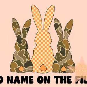 May include: Three bunny silhouettes on a pink background. The bunny in the middle is orange and white checkered. The bunnies on either side are camouflage patterned in shades of brown and green. The text "NO NAME ON THE FILE!" is at the bottom of the image.