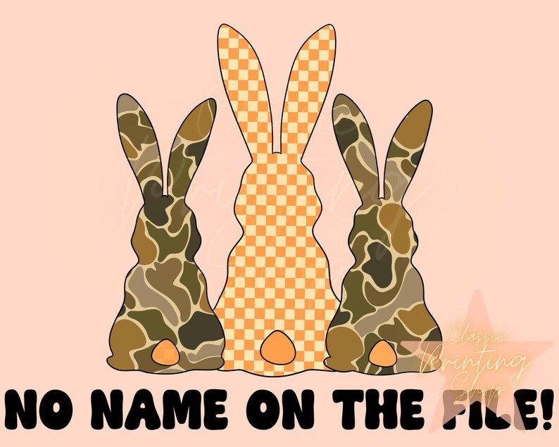 May include: Three bunny silhouettes on a pink background. The bunny in the middle is orange and white checkered. The bunnies on either side are camouflage patterned in shades of brown and green. The text "NO NAME ON THE FILE!" is at the bottom of the image.