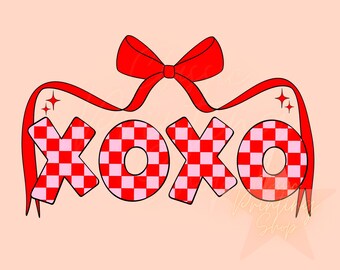 May include: Red and white checkered XOXO graphic with a red bow on top. The graphic is outlined in black.