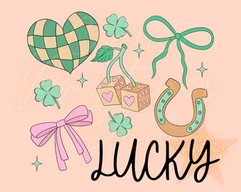 Feeling Lucky Png- Sublimation Design Download, St Patricks Png, Lucky Girly Png, Retro Png, Trendy png, Cherry png, Aesthetic png, Dice Png