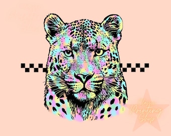 Neon Leopard PNG – Retro Checkered Cheetah Graphic – Y2K Animal Print Sublimation Shirt Design Digital File for Instant Download
