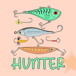 May include: A graphic design featuring three fishing lures with hooks and the word "HUNTER" in green text. The lures are a green and black striped lure, a blue and silver lure, and an orange lure with black dots.