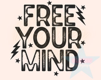 Może przedstawiać: Czarno-biały projekt graficzny z tekstem "FREE YOUR MIND" w stylu vintage. Projekt zawiera gwiazdy i błyskawice.
