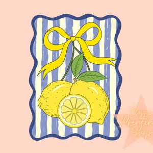 May include: A digital illustration of lemons with a yellow bow and green leaves. The lemons are set against a blue and white striped background with a wavy border. The background is a light pink color.