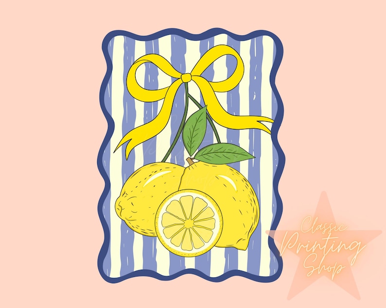 May include: A digital illustration of lemons with a yellow bow and green leaves. The lemons are set against a blue and white striped background with a wavy border. The background is a light pink color.