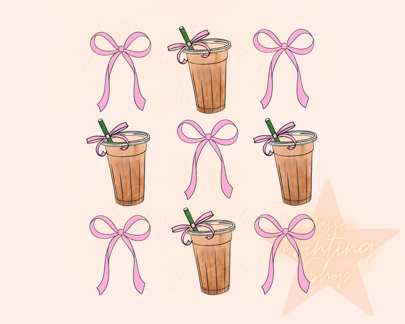 May include: Nine illustrations of iced coffee drinks with pink bows and green straws on a light pink background.