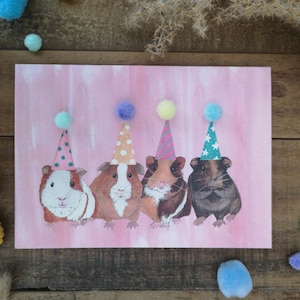 Meerschweinchen Geburtstagskarte - A6 Karte - Meerschweinchen Geburtstag - Meerschweinchen Hut Karte - Blanko Karte - Meerschweinchen Liebe - Meerschweinchen Party - Pom Pom
