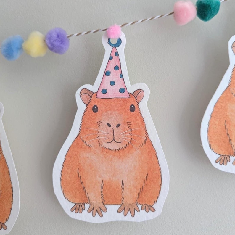 May include: A decorative banner with orange capybara illustrations, each wearing a pink party hat with blue spots. The banner is strung on twine with colourful pom-poms, ideal for a birthday celebration. A fun and whimsical decoration.