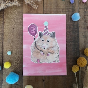 Hamster Age 3 Carte de vœux - Hamster pom pom Card - Hamster Birthday Card - Hamster Hat Card - Blank Hamster Card - Hamster Love