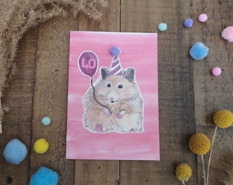 40th Birthday Hamster Card: Watercolour Art with Pom Pom Hat
