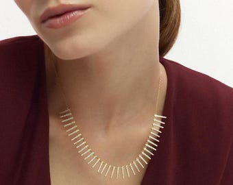 Ray Sparkle Necklace 14K Solid Gold - Stones on Vertical Layers
