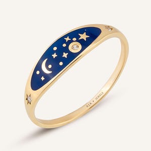 Starry Night Ring, Sky Celestial Blue Enamel Ring w/ Sterling Silver, Gold, Diamond Option