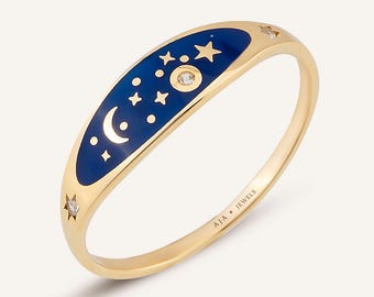 Starry Night Ring, Sky Celestial Blue Enamel Ring w/ Sterling Silver, Gold, Diamond Option
