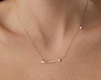 14k Gold Curved Bar Necklace, Teardrop Necklace, Asymmetrical Gold Necklace