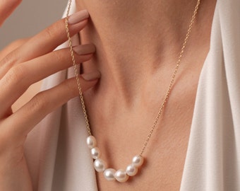 Pearl Beaded 14K Solid Gold Necklace, Naturel Freshwater Pearl Pendant