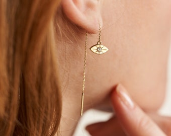 14K Solid Gold Evil Eye Threader Earrings, Double Chain Dangle, Pull Through Style