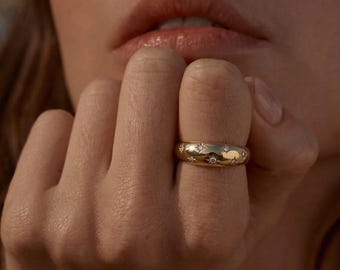 Stella Ring, 14K Solid Gold Star Embroidered Ring, Women Gold Jewelry, Wedding Band, Minimalist gift, Gift for her