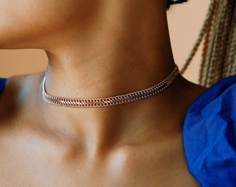 Chain Choker Necklace, 14K Gold Double Curb Chain Necklace, 8mm Vienna Chain Choker, Choker Necklace For Women, Minimalist