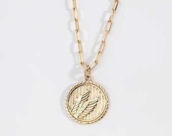 Angel Wings Necklace, Winged Coin Charm Pendant, Paperclip Necklace, Gift for Her, Gift for Men, Fathers Day Gift
